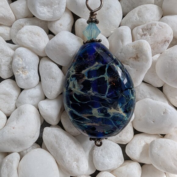 Vintage 90s Handmade Glass Lampwork Bead - Murano Glass - Blue Pendant - Picture 3 of 5